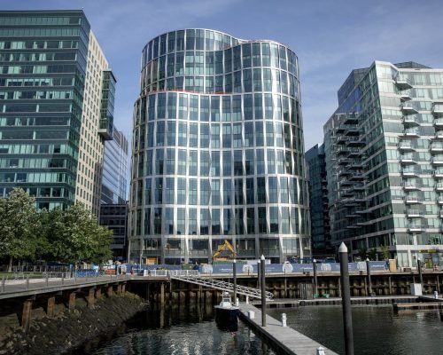 The new Mass Mutual building under construction at Boston's Seaport. (Robin Lubbock/WBUR)